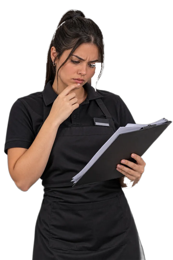 Trabalhadora de uniforme lê os papéis da rescisão com expressão de dúvida